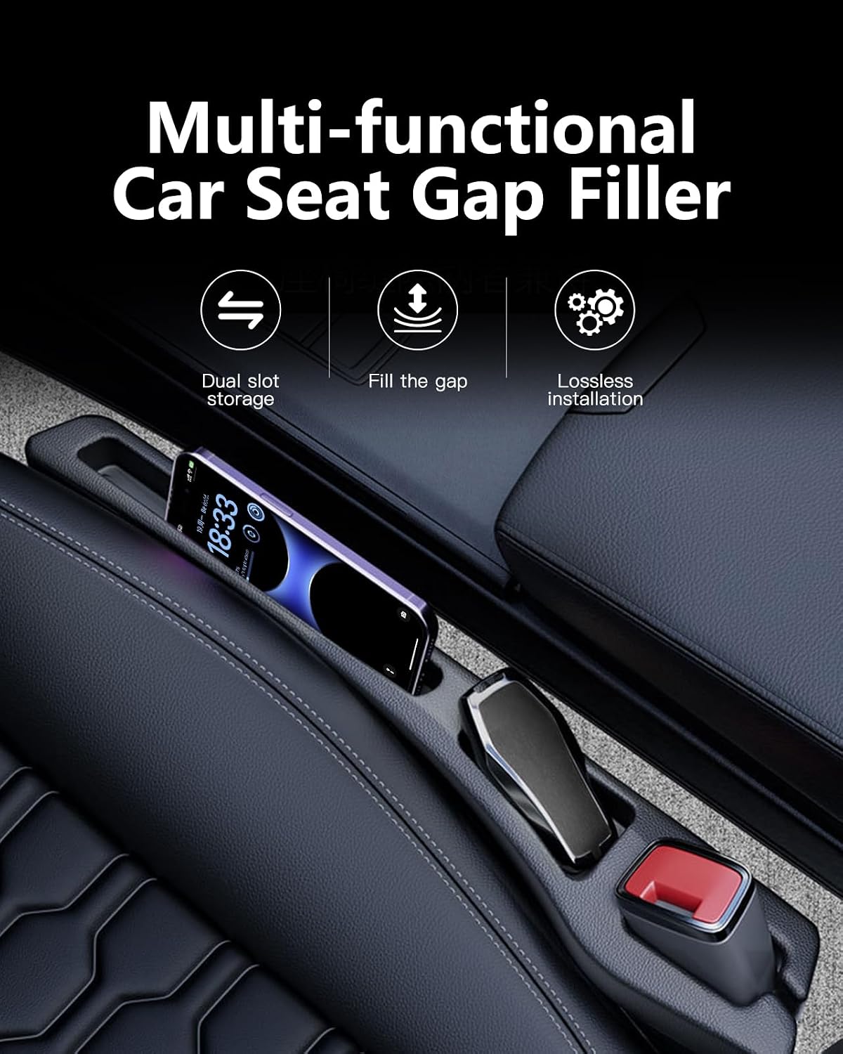 Car Seat Gap Filler 2 Pack, Soft Foam Multifunctional Seat Side Gap Filler with Organizer, 2 in 1 Seat Crevice Blocker Stop Things from Dropping, Universal Vehicle Interior Accessories Black - Image 3