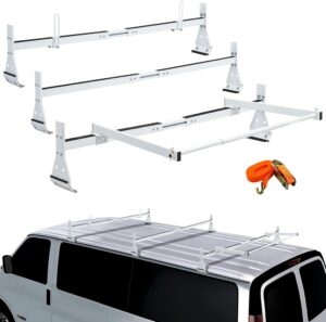 Universal Van Roof Ladder Racks with Rear Roller, Adjustable 57''-65'' with Ladder Stoppers, 3 Bars - Fit Chevy Express Fullsize Van 1996-Up, for Vans with Rain Gutter Only, 800LB Load-Capacity